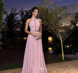 2019 Pink Halter Evening Dress Keyhole Neck Beaded Sash Long Formal Holiday Wear Prom Party Gown Custom Made Plus Size