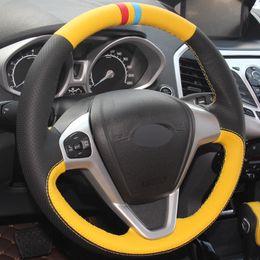 Yellow Black Genuine Leather DIY Hand-stitched Car Steering Wheel Cover for Ford Fiesta 2008-2013 Ecosport 2013-2016