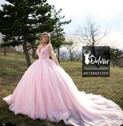 Luxury Arabic Dubai Pink Ball Gown Quinceanera Dresses Sheer Long Sleeve Beaded Sequined Long Train Sweet 16 Dress vestidos de quinceañera