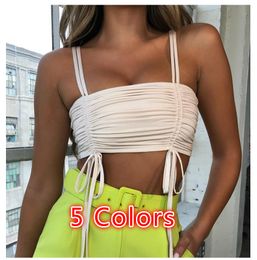 Spaghetti Strap Tube Top Women Sexy Pleated Crop Top Sleeveless Vest Strappy Mini Camisole Double Drawstring Lace Up Tank Top
