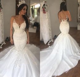 2024 New Sexy Mermaid Wedding Dresses Sheer Neck Lace Appliques Sleeveless Deep V-Neck Backless Plus Size Sweep Train Custom Bridal Gowns 403
