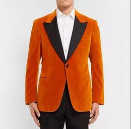 Velvet Groom Tuxedos Orange Men Wedding Tuxedos Black Peak Lapel Popular Men Dinner/Darty Jacket Blazer Suit Custom Made(Jacket+Pants+Tie)12