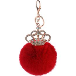 Rhinestone Crown Keychain Keyring Fur Ball Key Chain Fur Pom Pom Key Chains Fluffy Key Chain Porte Clef Pompom De Fourrure Charm