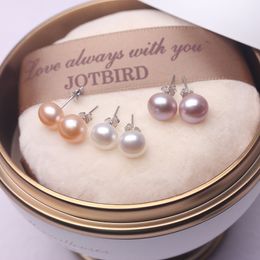 2021 Trendy 925 Silver Jewellery Natural Freshwater Pearl Stud Earrings with s925 Printed Women Girls Elegant Pearls Jewellery Wholesale