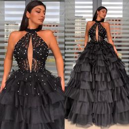 Alluring Black Beaded A Line Prom Dresses Halter Deep V Neck Tiered Evening Gowns Plus Size Floor Length Tulle Formal Dress