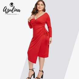 AZULINA Plus Size Sexy Plunging Neck 3/4 Sleeves Bodycon Dress Women Dresses Vestidos Fall Winter Ladies Dress Big Size Clothes