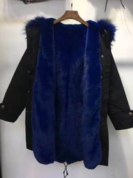 Classic Royal blue raccoon fur trim Mukla furs brand Royal blue rex rabbit fur lining black long women winter parkas