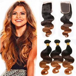 Brazilian #1B/4/30 Ombre Hair Weave Bundles With Lace Frontal Closure Dark Roots Body Wave Ombre Hair Weaving With Closure 4Pcs Lot
