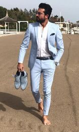 Fashion Light Blue Groom Tuxedos Excellent Notch Lapel Slim Fit Groomsmen Blazer Men Formal Suit Party Prom Suit(Jacket+Pants+Tie) 1296