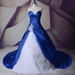 Vintage Königsblaue Satin-Brautkleider, weiße Organza-Spitzenapplikation, Kapellen-Schleppe, Hochzeit, Brautballkleid, Perlen, nach Maß, Übergröße