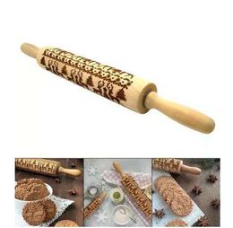 Christmas Embossing Rolling Pin Kitchen Baking Tool Cookies Biscuit Fondant Cake Dough Engraved Roller Reindeer Snowflake