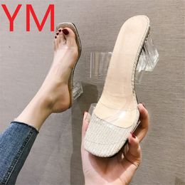 2020 Summer Women Sandals Gold Transparent Heels Elegant Square Toe Fashion Female PVC Woman Casual Beach Shoes Ladies Sides