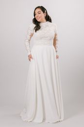 2020 vestidos de noiva modestos de renda chiffon tamanho grande com mangas compridas vintage gola alta vestidos de noiva modestos elegantes com bolsos