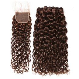 #4 Dark Brown Peruvian Wet and Wavy Human Hair 3Bundles with Closure Chocolate Brown Water Wave 4x4 Lace Closure Piece with Weave Bundles