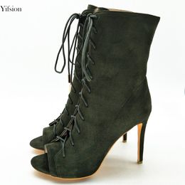 Rontic Neue Damen-Schnürstiefel, sexy, dünne High Heels, mittelhohe Stiefel, Charm-Peep-Toe, Armeegrün, Club-Schuhe für Damen, US-Größe 4–10,5