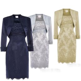 Elegant Silver Gold Mother of the Bride Suits Dresses Jackets Long Sleeves Lace Applique Beaded Sequins Plus Size Formal Evening Gown