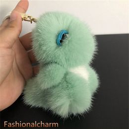 Green-Real Genuine Fur Dinosaur Toy Pompom Ball Bag Charm Keychain Pendant Kids Gift