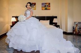Luxury Arabic Ball Gown Wedding Dresses Tiered Organza Skirts Ruffles Wedding Gowns Chapel Train Beaded Neckline African Bride Dress B63
