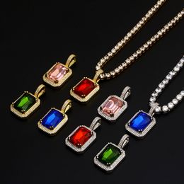 19 Colors for Options Gold Plated Iced Out Bling CZ Stone Ruby Pendant With 24inch CZ Tennis Chain Necklace for Men Women Hot Gift