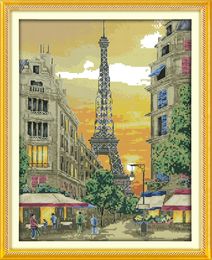 The iron tower with sunset room decor painting ,Handmade Cross Stitch Embroidery Needlework sets counted print on canvas DMC 14CT /11CT