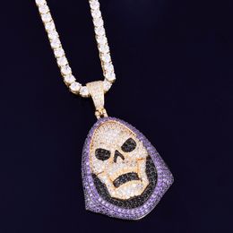 New Arrivals Purple CZ Stones Skull Pendant Men Skeleton Necklace Ice Out Cubic Zircon with 4mm tennis chain Gold Colour Hip Hop Jewellery