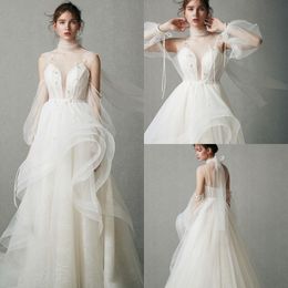2020 Modest YL High Neck Long Puff Sleeve A Line Wedding Dresses Lace Applique Crystal Ruffles Sash Wedding Gowns Sweep Train Bridal Gown