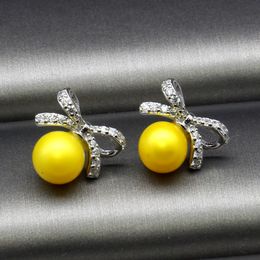 Stylish and simple 925 silver diamond-encrusted bow pearl earring DIY women's sterling silver freshwater pearl earring