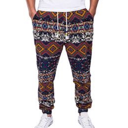 Men's Harem Pants National Style Printed Drawstrings Pants Cotton Linen Drawstring Pockets Size Plus Casual Men Long Trousers Y19073001