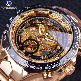 Forsining Stainless Steel Classic Series Transparent Golden Movement Steampunk Men Mechanical Skeleton Watches Top Brand Luxury282E