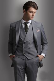 Grey Groom Tuxedos Notch Lapel Groomsman Wedding 3 Piece Suit Fashion Men Business Prom Party Jacket Blazer(Jacket+Pants+Tie+Vest) 2501