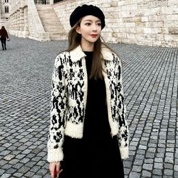 New design women's turn down collar black white Colour block tweed Woollen fabric long sleeve thickening short jacket casacos S M L XL