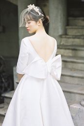 Vintage White Half Seleeves Short Wedding Dress Big Bow Women Bridal Dresses Tea Length Retro Satin Wedding Gown 2020
