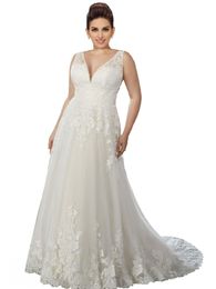 -Plus Size Einfache A-line Land Brautkleider SpitzeApplique Empire-Taille tiefem V-Ausschnitt Open Back Maß Boho White Wedding Dress
