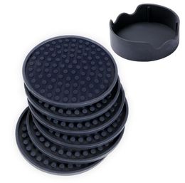 4.3inch 6pcs/set Black Round Silicone Drink Coasters Cup Mat Cup Costers Tableware with holder 60pcs SN223