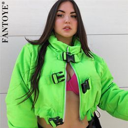 FANTOYE Fashion Buckle Cropped Winter Jackets Women Parkas Standard Collar Oversized Short Warm Jacket Solid Coat Outerwear