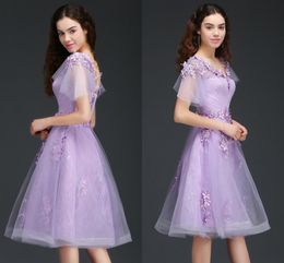 Lavender Lace A Line Homecoming Dresses Flare Short Sleeves 3D Lace Floral A Line Princess Short Prom Party Graduation Dresses BM0976