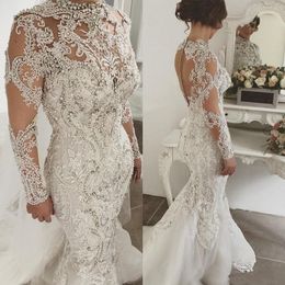 New Luxury Beading Mermaid Wedding Dresses Lace Long Sleeves High Neck Bling Crystal Bridal Gowns Court Train Plus Size Dress