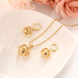 Lovely Hollow Ball Round Pendant Necklace Earrings Set 14 K Fine Gold GF Trendy Party