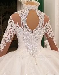 Vintage Ball Gown Wedding Dresses 2020 High Neck Luxury Train Long Sleeves Sparkle Applique Satin Bridal Gowns236I