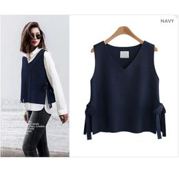 Autumn Sleeveless Cashmere Knitted Vest Women Split V-neck Lace Up Loose Korean Fashion Pullover Sweater Vest Winter Tank Top