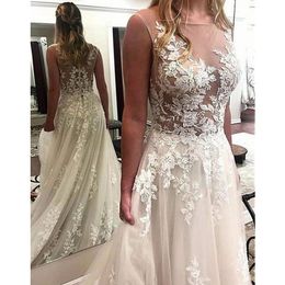 Tulle Bateau Neckline See-through Bodice A-line Wedding Dresses With Lace Appliques Bridal Dress lace dress Free Shipping