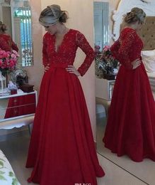 2019 New Red Lace Mother of the Bride Dresses for Weddings buttons chiffon long sleeves v neck Beaded A Line Evening Groom mother Dresses