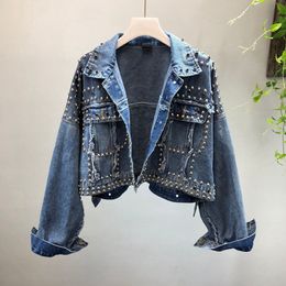 Autumn Women's Harajuku Red Denim Jacket Coat Heavy Hand Beaded Rivet Short Black Jean Jackets Students Basic Coats Outfit