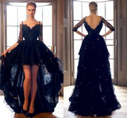 2020 New Vintage High Low Black Prom Dresses Off the Shoulder Asymmetrical Half Sleeve Beaded Lace Evening Party Gowns Vestidos 4617