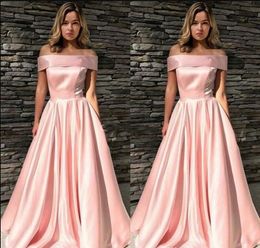 Simple Pink Prom Dresses 2020 stain Off The Shoulder A-Line Graduation Formal Evening Party Gowns Sweep Train Cheap Customised Robes
