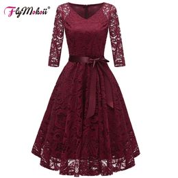 Autumn Plus Size V-Neck Formal Dress Women Elegant Party Floral Ball-Gown Red Short Sleeve Lace Ladies Bridesmaid Robe Wedding