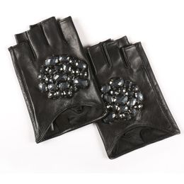 Fashion-2018 Rhinestone Inlay Fingerless Leather Gloves Casual Hot Sale Trendy High Quality Autumn Women All-mathch BE489