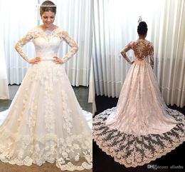 2019 Plus Size Full Lace Bateau Neck Tiered Tulle Long Sleeves Sweep Train Wedding Dress Bridal Gowns Vestidos De Novia