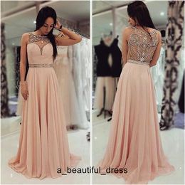 Peach Champagne Beaded Chiffon Formal Dresses Sparkly Crystal Back Crew Elegant Full length Custom Make Women's Occasion Evening Gown ED1257