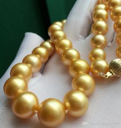 NEW FINE gorgeous 11-12mm real round south sea gold yellow pearl necklace 18inch 14k